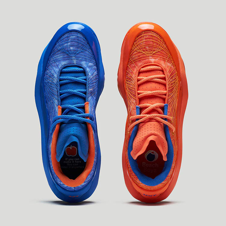 red and blue mismatched basketball shoes
